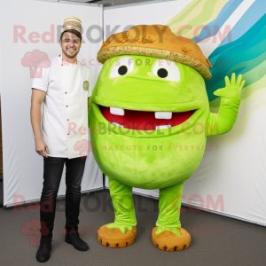 Lime Green Pulled Pork Sandwich mascot costume character dressed with a Chinos and Foot pads