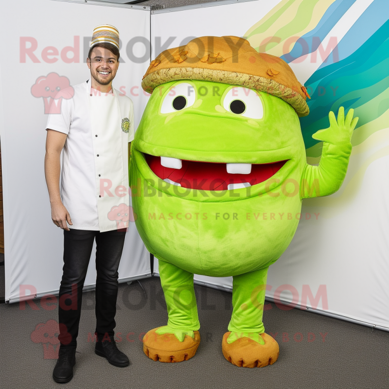 Lime Green Pulled Pork Sandwich mascot costume character dressed with a Chinos and Foot pads Lime Green Pulled Pork Sandwich mascot costume character dressed with a Chinos and Foot pads