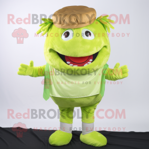 Lime Green Pulled Pork Sandwich mascot costume character dressed with a Chinos and Foot pads