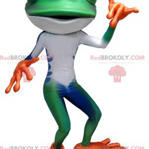 Maskotka zielony biały niebieski i pomarańczowy żaba -