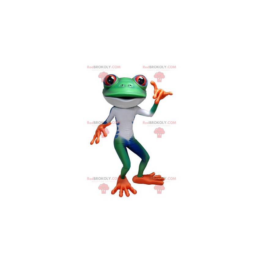 Mascotte de grenouille verte blanche bleue et orange -