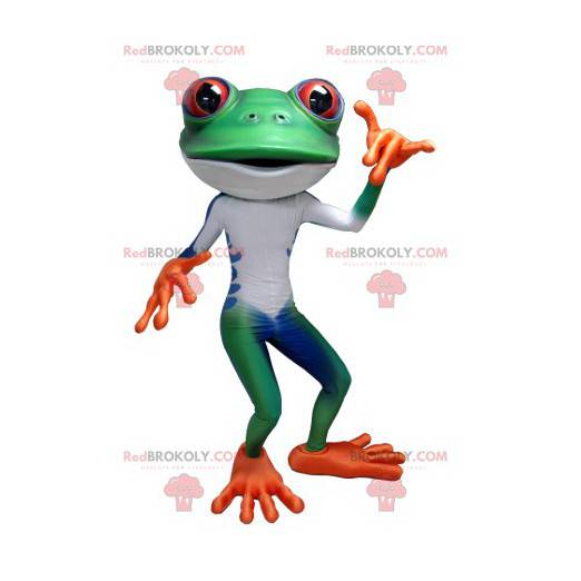 Mascot groen wit blauw en oranje kikker - Redbrokoly.com