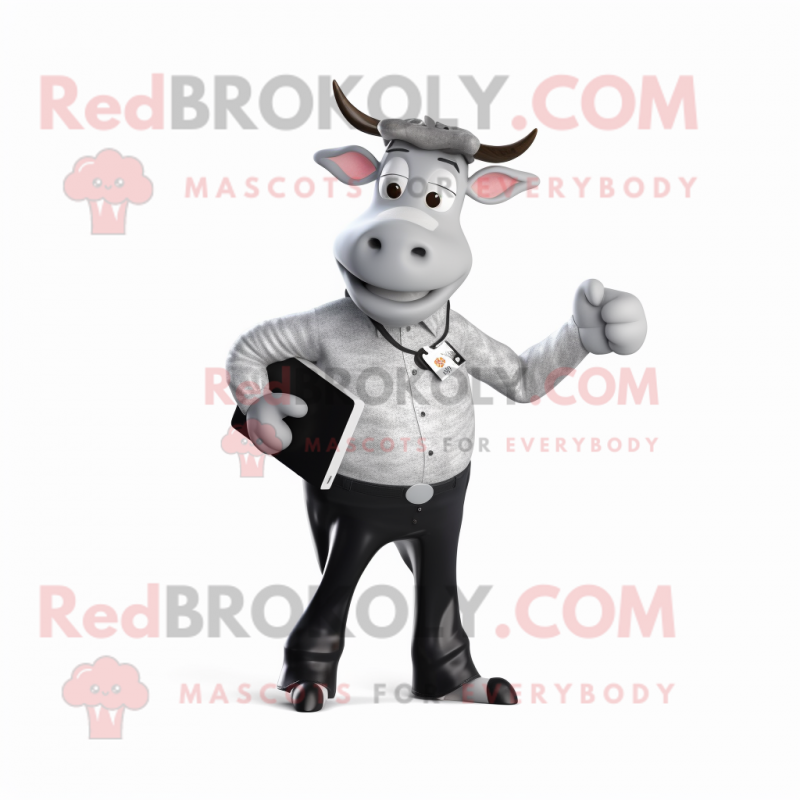 Silver Holstein Cow mascot costume character dressed with a Trousers and Wallets Silver Holstein Cow mascot costume character dressed with a Trousers and Wallets