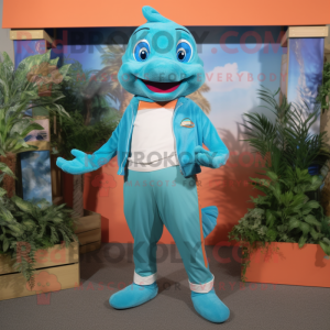 Cyan Salmon mascot costume character dressed with a Capri Pants and Suspenders