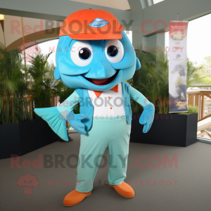 Cyan Salmon mascot costume character dressed with a Capri Pants and Suspenders