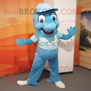 Cyan Salmon mascot costume character dressed with a Capri Pants and Suspenders