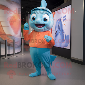 Cyan Salmon mascot costume character dressed with a Capri Pants and Suspenders