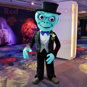 Cyan Zombie mascot costume character dressed with a Tuxedo and Tie pins