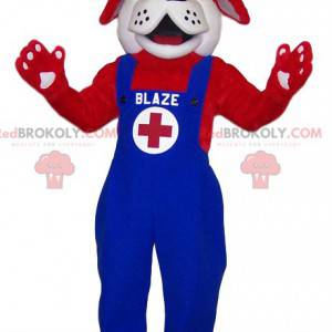 Mascotte de St Bernard rouge Secouriste en salopette bleue -