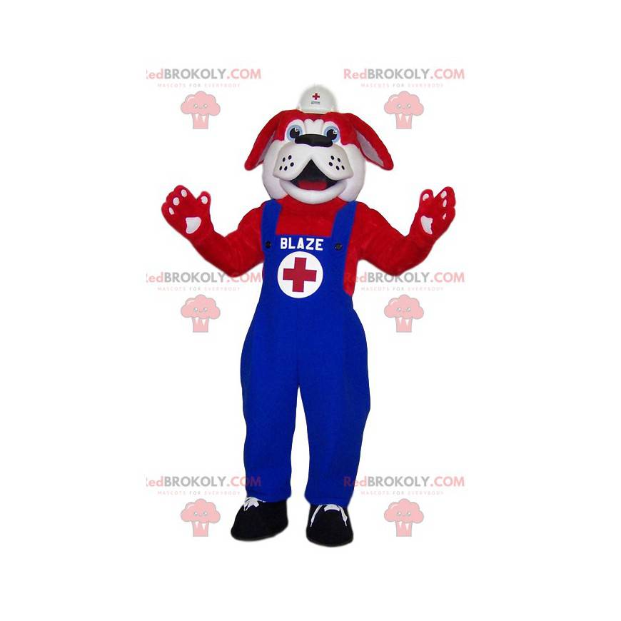 Mascotte de St Bernard rouge Secouriste en salopette bleue -