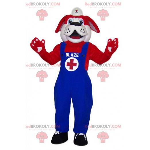 Mascotte de St Bernard rouge Secouriste en salopette bleue -