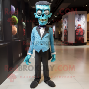 Cyan Zombie mascot costume character dressed with a Tuxedo and Tie pins