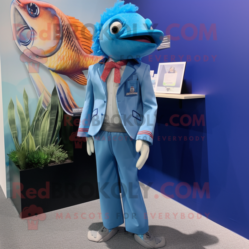 Blue Betta Fish mascot costume character dressed with a Blazer and Cummerbunds Blue Betta Fish mascot costume character dressed with a Blazer and Cummerbunds