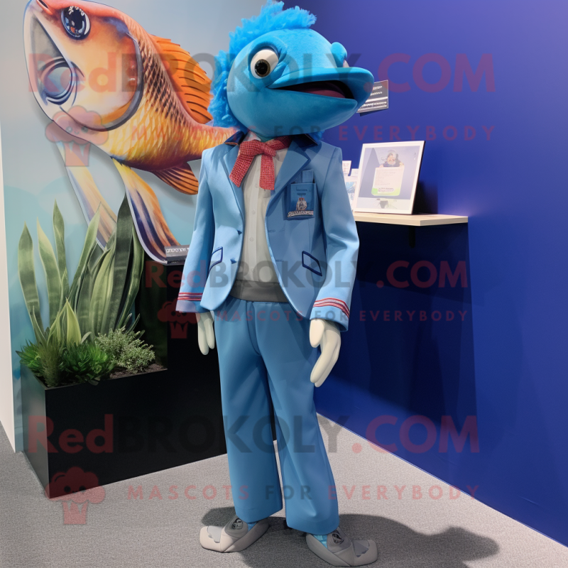 Blue Betta Fish mascot costume character dressed with a Blazer and Cummerbunds