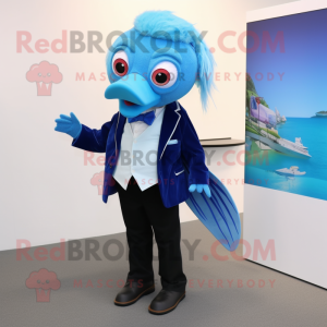 Blue Betta Fish mascot costume character dressed with a Blazer and Cummerbunds