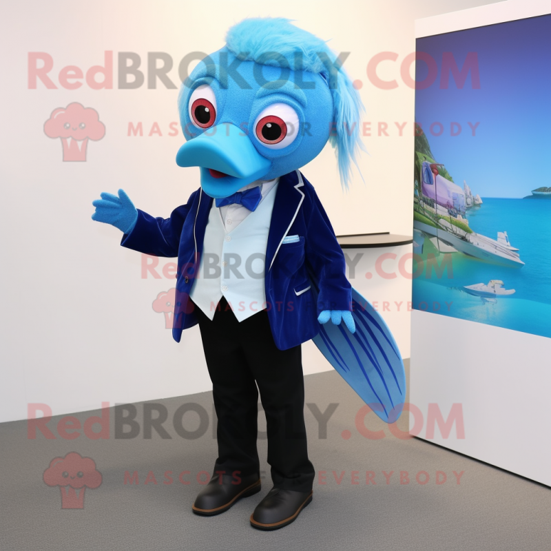 Blue Betta Fish mascot costume character dressed with a Blazer and Cummerbunds Blue Betta Fish mascot costume character dressed with a Blazer and Cummerbunds