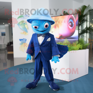 Blue Betta Fish mascot costume character dressed with a Blazer and Cummerbunds