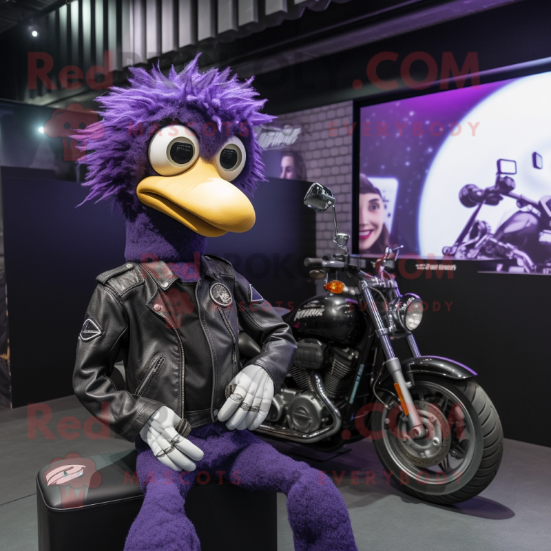 Purple Ostrich mascot costume character dressed with a Biker Jacket and Watches