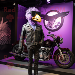 Purple Ostrich mascot costume character dressed with a Biker Jacket and Watches