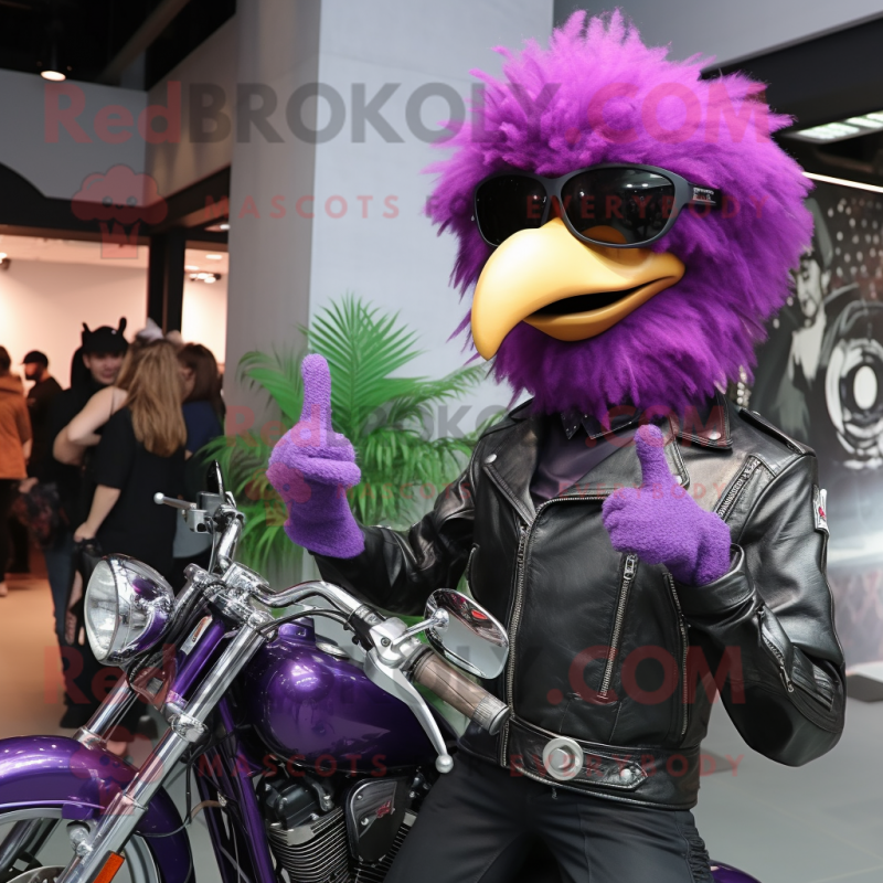 Purple Ostrich mascot costume character dressed with a Biker Jacket and Watches