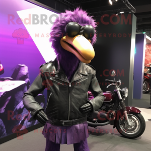 Purple Ostrich mascot costume character dressed with a Biker Jacket and Watches