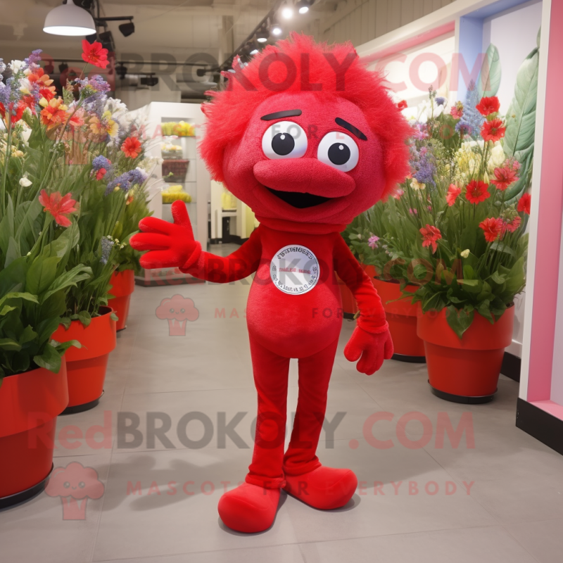 Red Bouquet Of Flowers mascot costume character dressed with a Trousers and Keychains