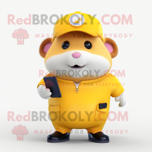 Yellow Hamster mascot costume character dressed with a Bermuda Shorts and Caps