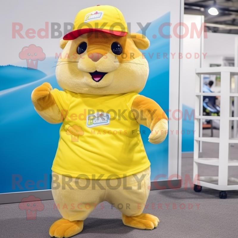 Yellow Hamster mascot costume character dressed with a Bermuda Shorts and Caps