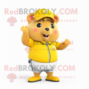 Yellow Hamster mascot costume character dressed with a Bermuda Shorts and Caps