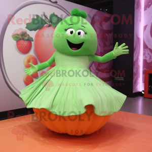 Peach Broccoli mascot costume character dressed with a Circle Skirt and Foot pads