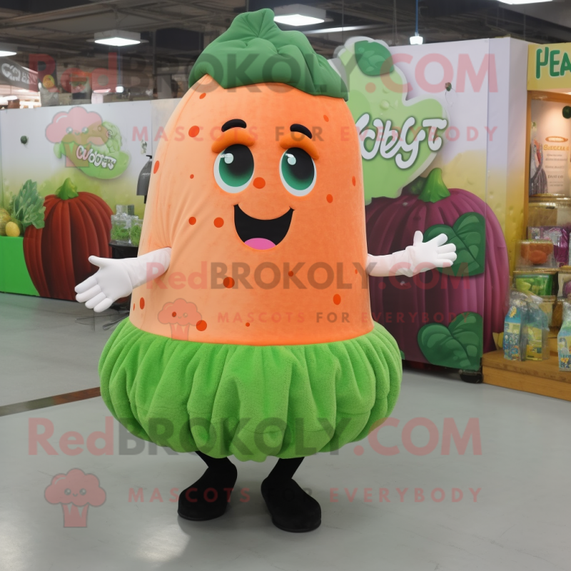 Peach Broccoli mascot costume character dressed with a Circle Skirt and Foot pads