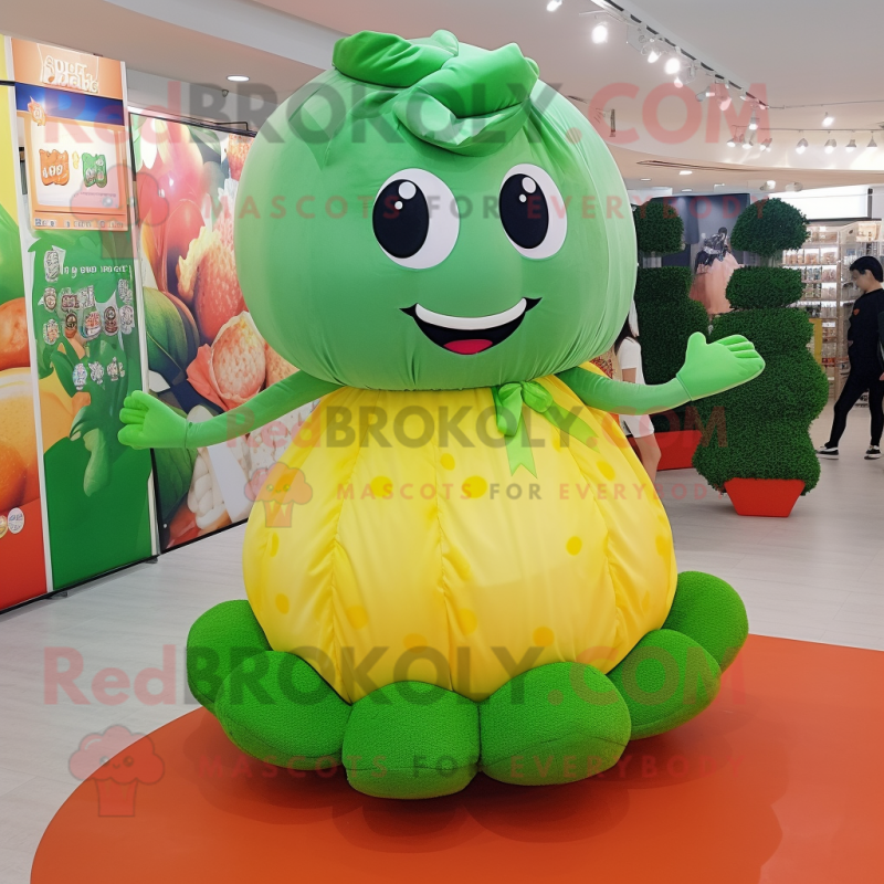 Peach Broccoli mascot costume character dressed with a Circle Skirt and Foot pads