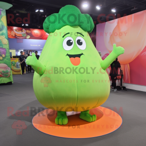 Peach Broccoli mascot costume character dressed with a Circle Skirt and Foot pads