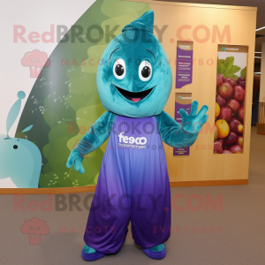 Teal Grape mascot costume character dressed with a Graphic Tee and Cummerbunds