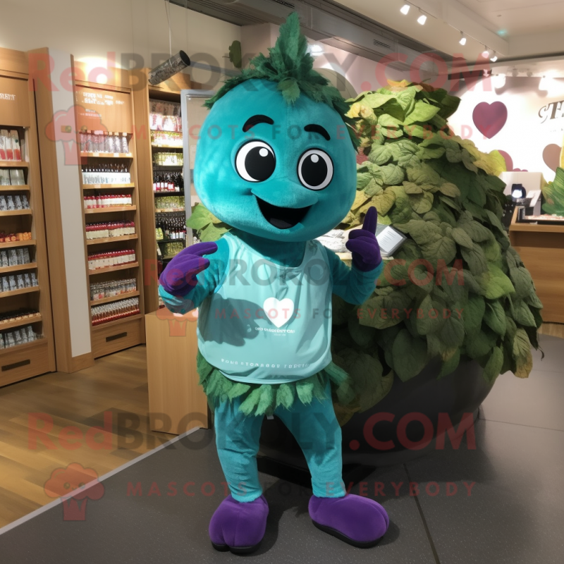 Teal Grape mascot costume character dressed with a Graphic Tee and Cummerbunds