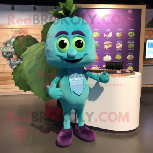 Teal Grape mascot costume character dressed with a Graphic Tee and Cummerbunds