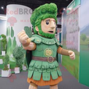 Green Roman Soldier mascot costume character dressed with a Waistcoat and Hair clips