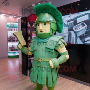 Green Roman Soldier mascot costume character dressed with a Waistcoat and Hair clips