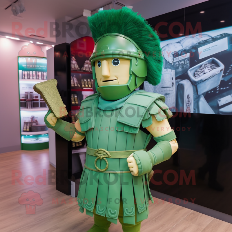 Green Roman Soldier mascot costume character dressed with a Waistcoat and Hair clips