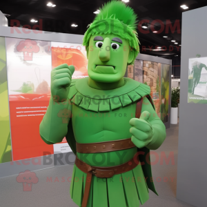 Green Roman Soldier mascot costume character dressed with a Waistcoat and Hair clips