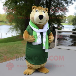 Olive Capybara mascot costume character dressed with a Henley Shirt and Scarf clips