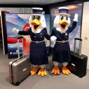 Navy Hens mascot costume character dressed with a Maxi Dress and Briefcases