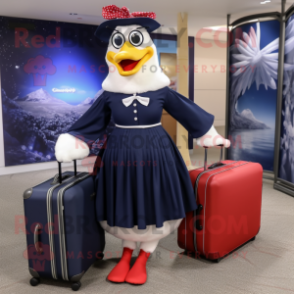 Navy Hens mascot costume character dressed with a Maxi Dress and Briefcases