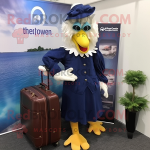 Navy Hens mascot costume character dressed with a Maxi Dress and Briefcases