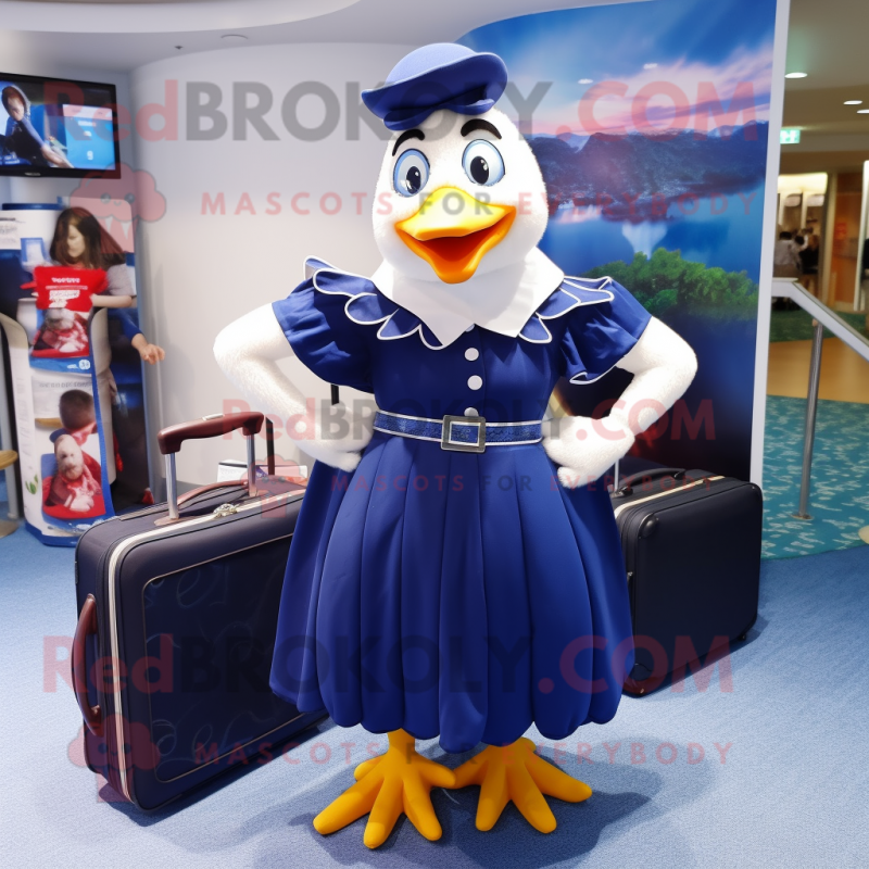Navy Hens mascot costume character dressed with a Maxi Dress and Briefcases