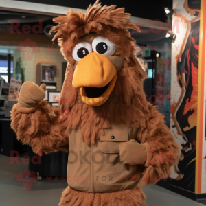Brown Roosters mascot costume character dressed with a Jumpsuit and Beanies