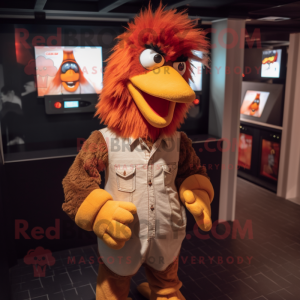 Brown Roosters mascot costume character dressed with a Jumpsuit and Beanies