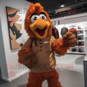 Brown Roosters mascot costume character dressed with a Jumpsuit and Beanies