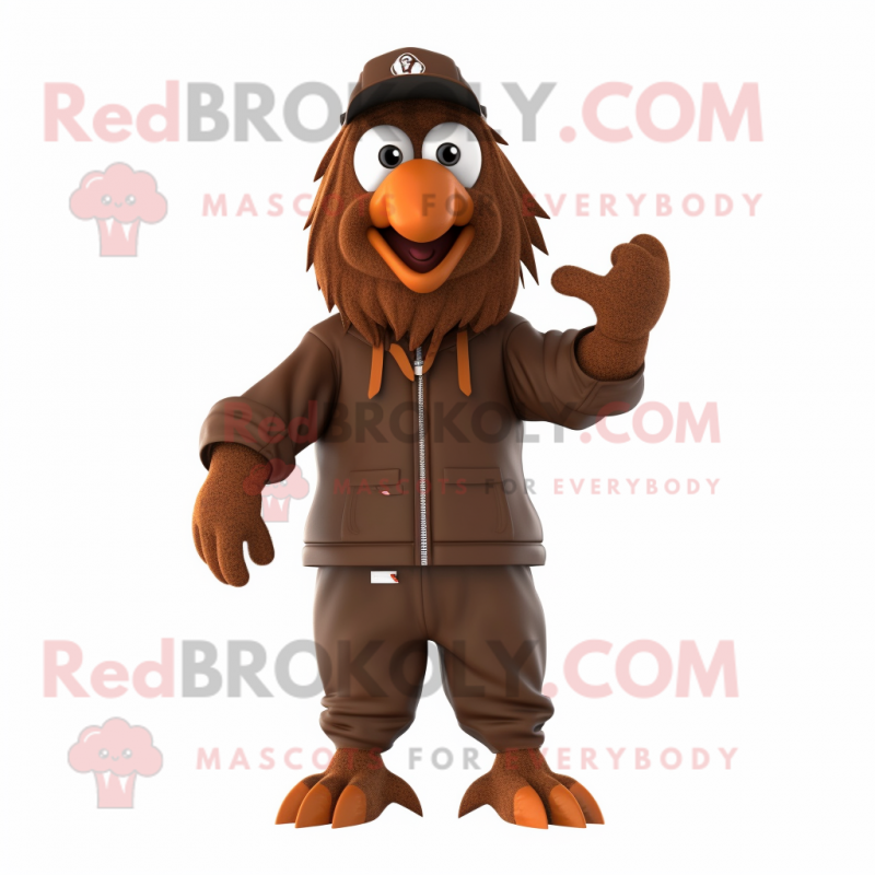 Brown Roosters mascot costume character dressed with a Jumpsuit and Beanies