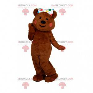Charmerende brun bjørnemaskot med sin flerfarvede polka dot bue
